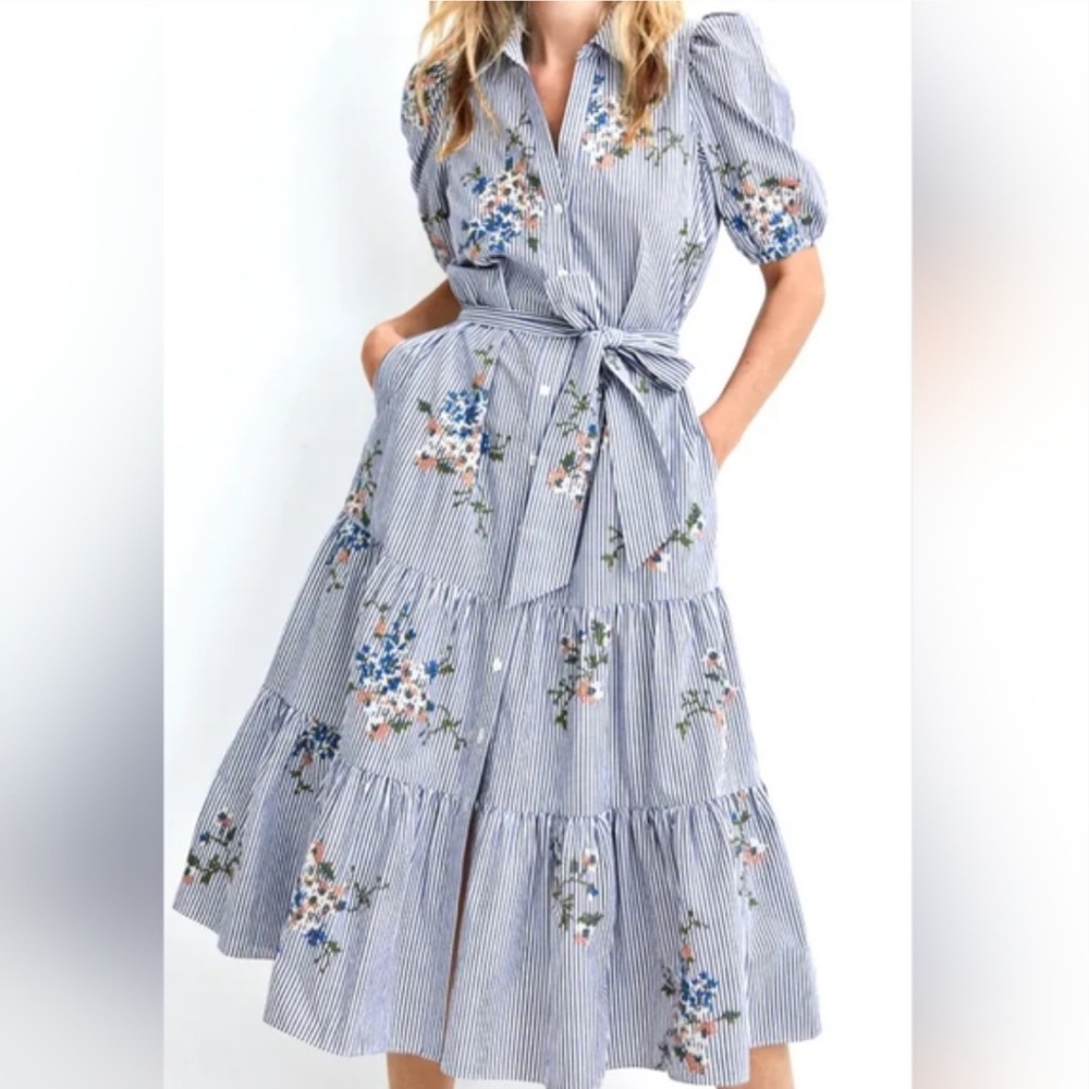 Veronica Beard Blue Seersucker Eunice Puff Sleeve Floral MIDI Dress Size 0 XS